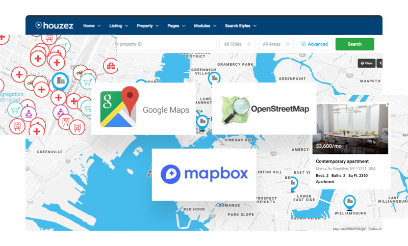 Real estate WordPress theme with Google Maps OpenStreetMap and Mapbox