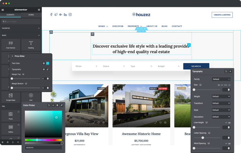 custom real estate website builder interface using Elementor and Houzez Theme Builder