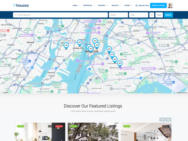 Google Maps customizable WordPress header for property search websites