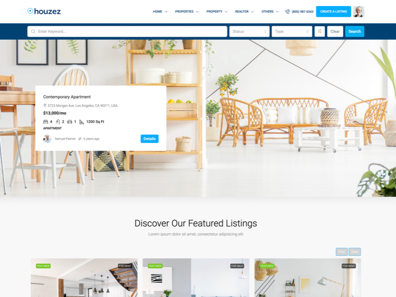 Property slider customizable WordPress header with featured listing preview