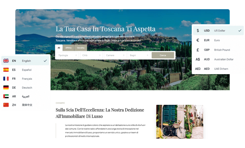 Real estate WordPress theme with multi-language and multi-currency support