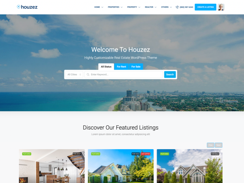 Parallax customizable WordPress header with advanced property search layout