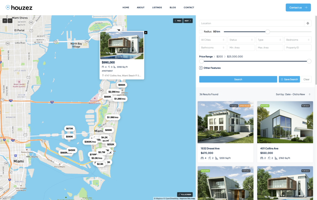 Interactive real estate half map search layout with property listings and custom map pins