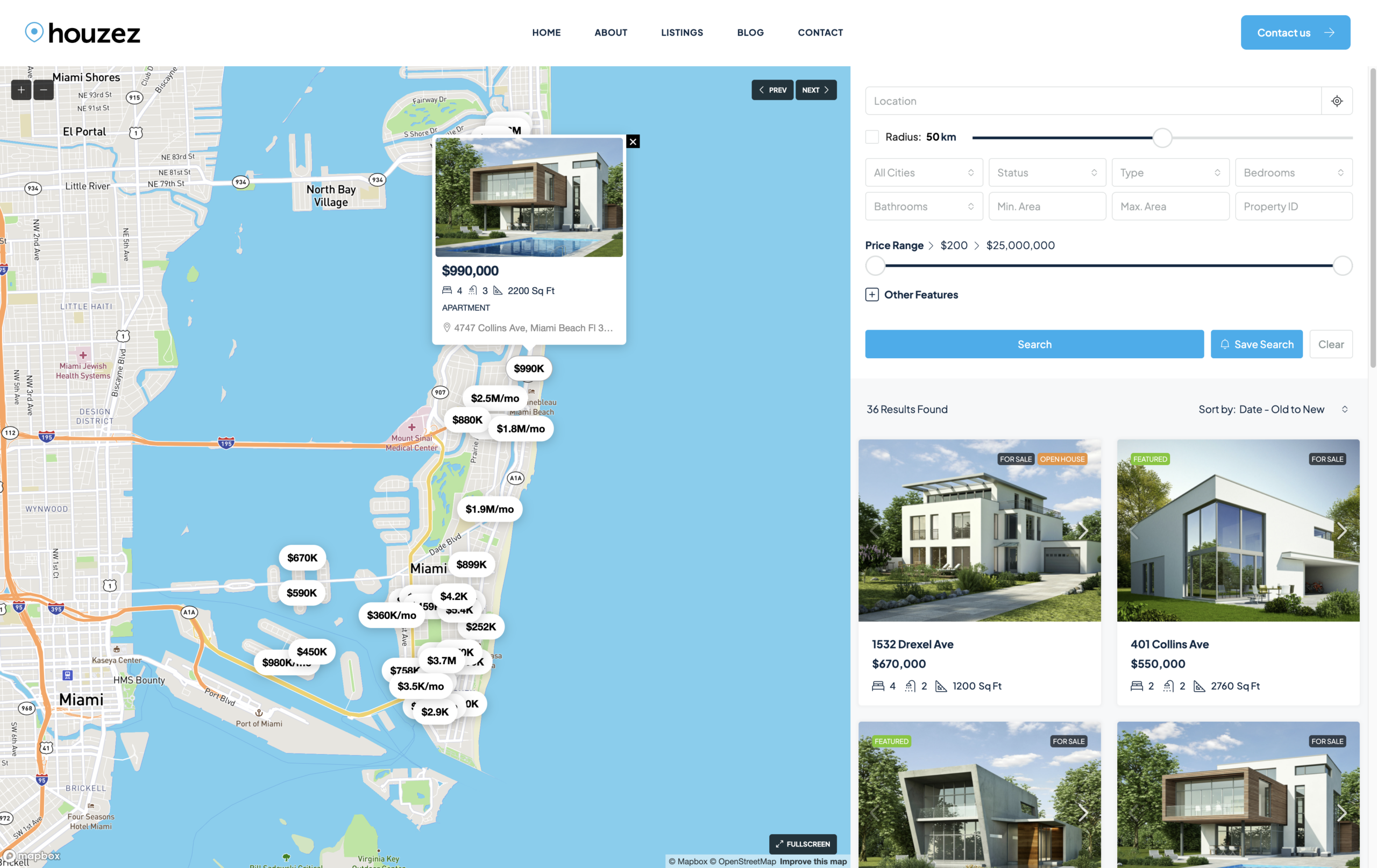Interactive real estate half map search layout with property listings and custom map pins