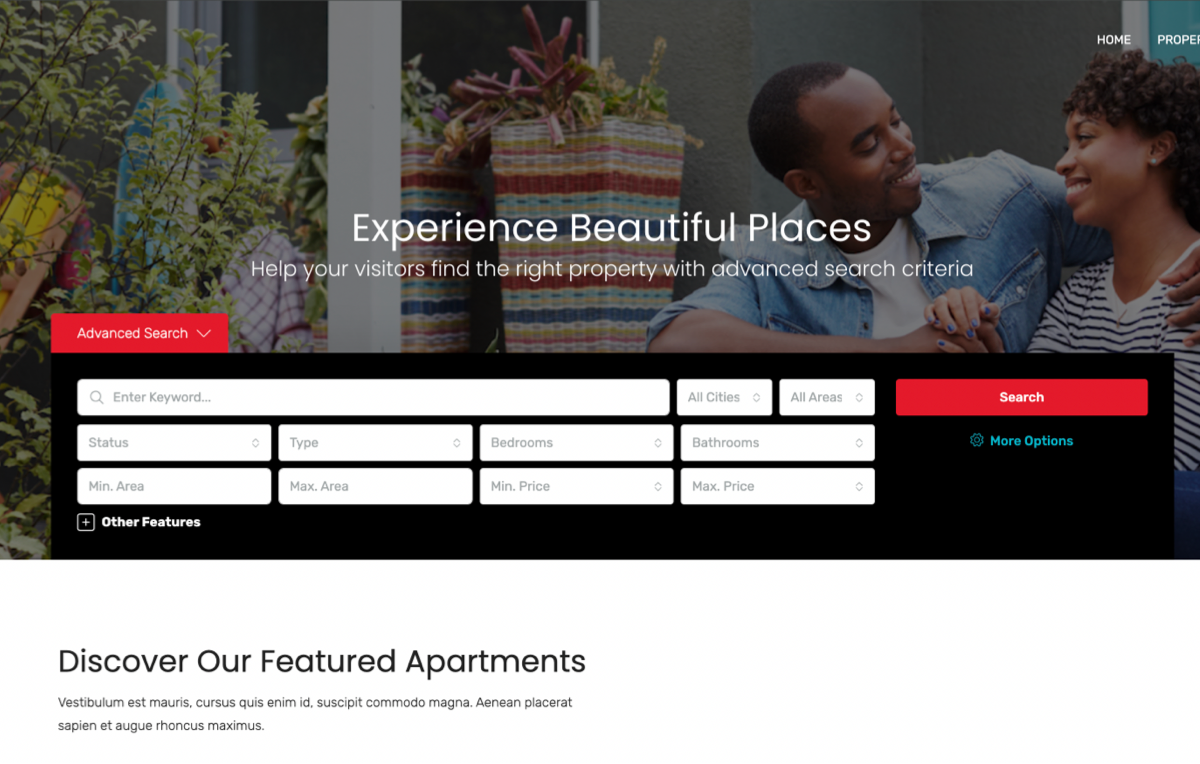 Advanced real estate property search form with customizable filters and responsive search layout for WordPress