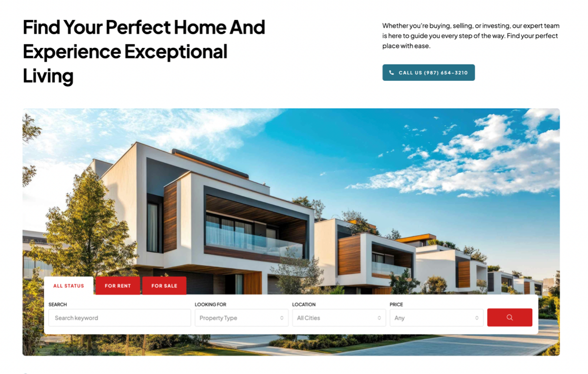 Modern real estate website homepage with customizable property search bar and responsive search design