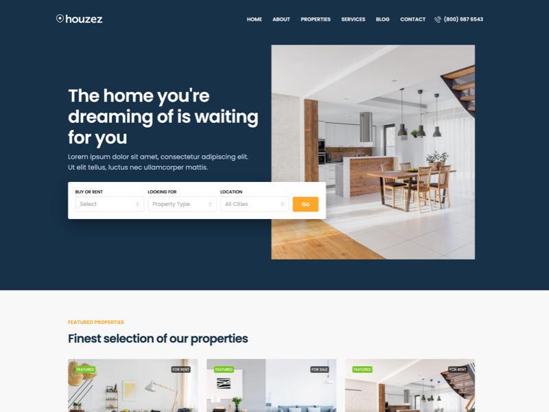 Customizable WordPress header layout with Elementor property search design