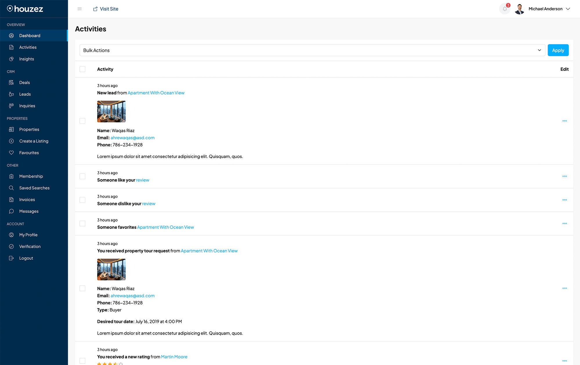 Real Estate CRM activity tracking dashboard in WordPress