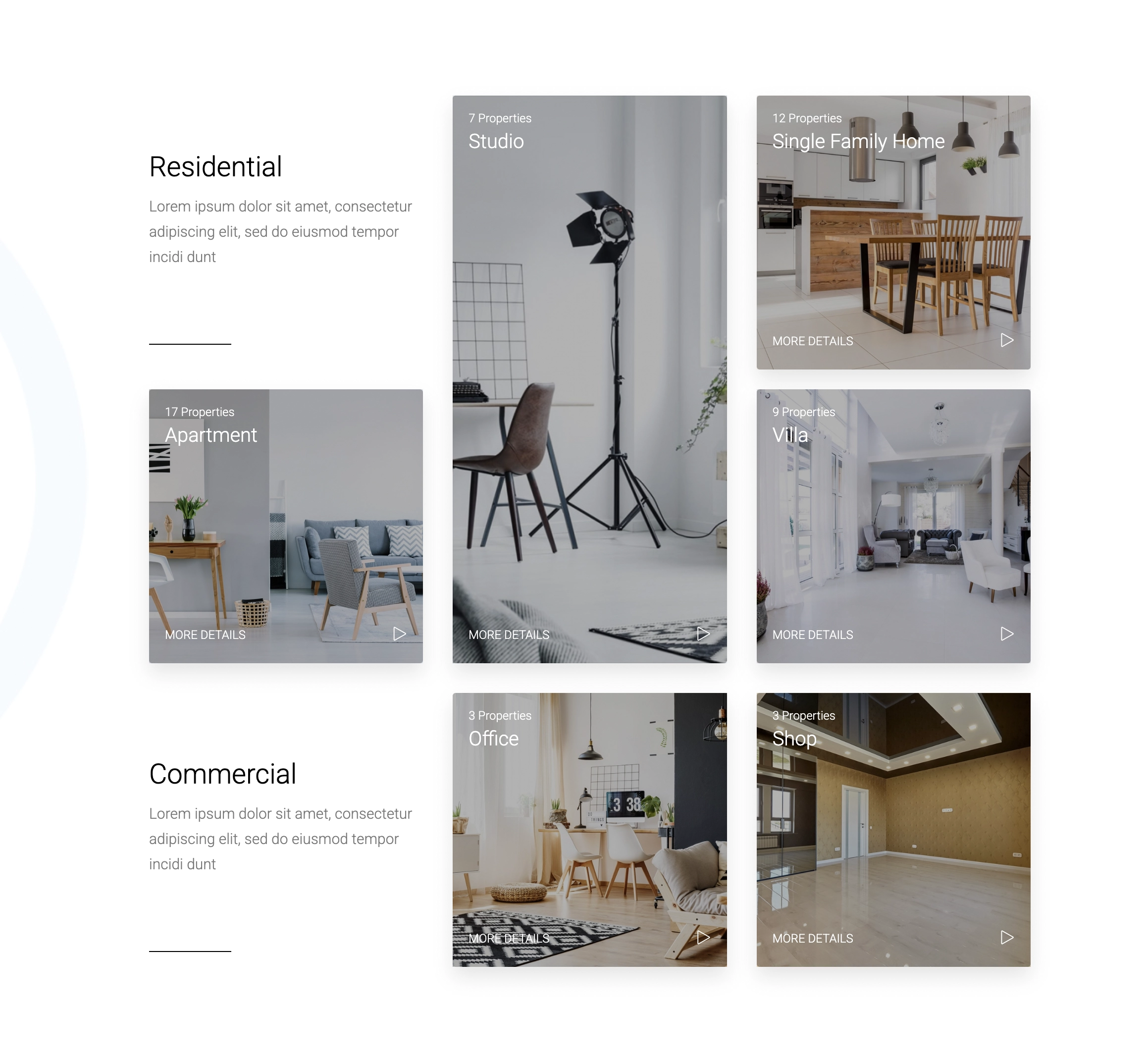 Grid Builder for Elementor displaying custom property category layouts with dynamic grid sections and responsive visual content design.