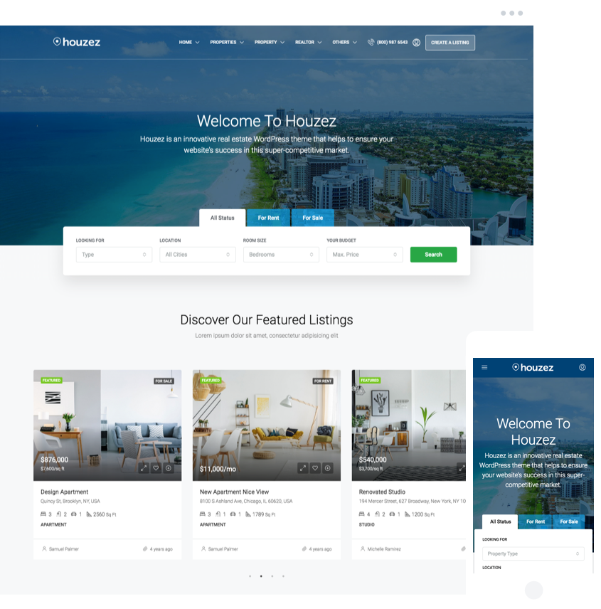 Marketplace template with map search property listings and responsive design