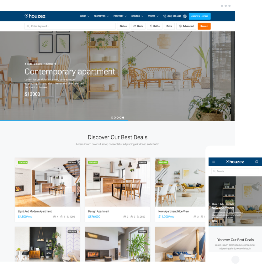 Marketplace template with map search property listings and responsive design