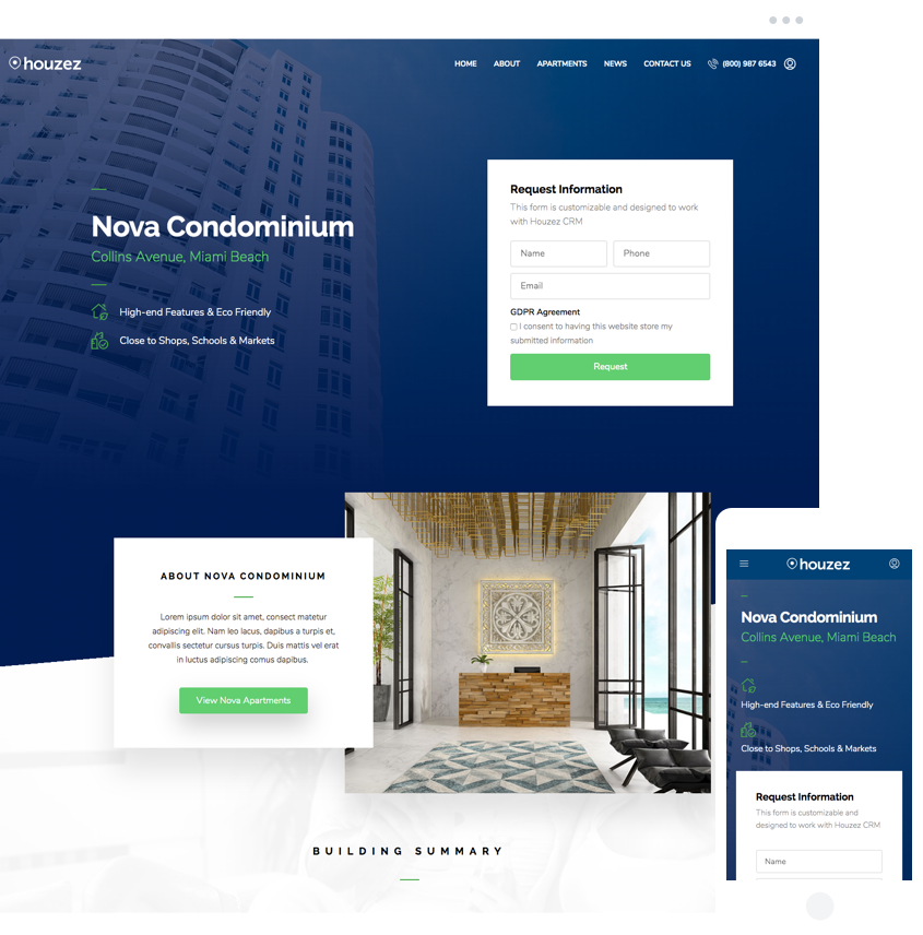 Condominium Single Property Website with property details inquiry form and building showcase