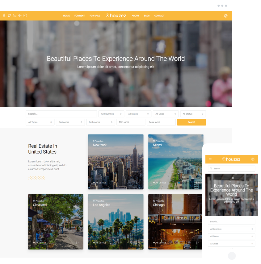 City Based Marketplace template with destination property listings and search filters