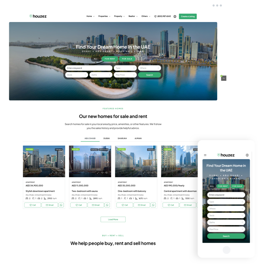 UAE Marketplace Style template with modern property search and apartment listings