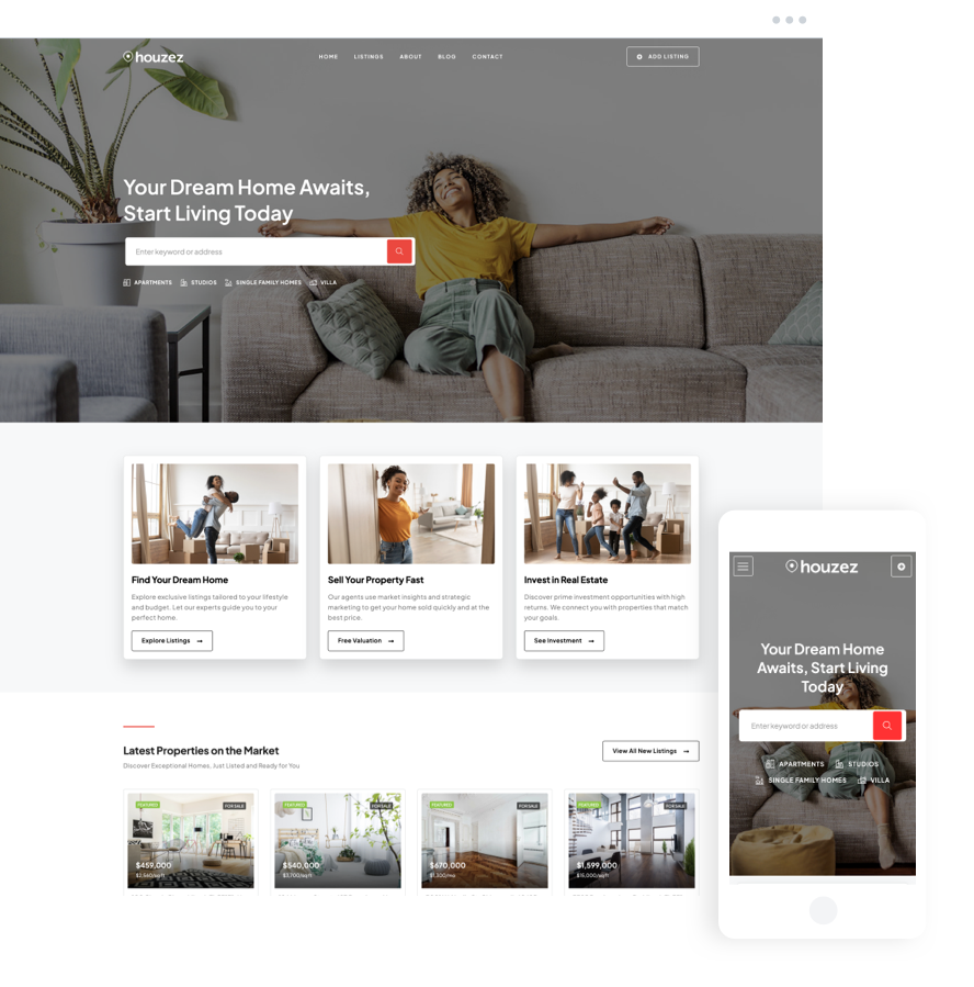 Modern Agency template with property search and responsive mobile experience