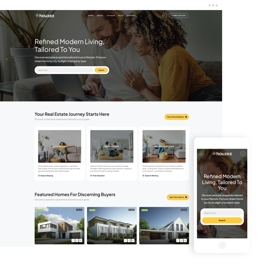 Agency template with modern property showcase and lead generation search layout