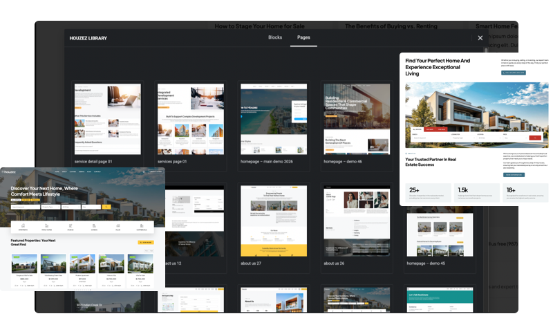 Real estate WordPress theme layout library with pre-built Elementor sections