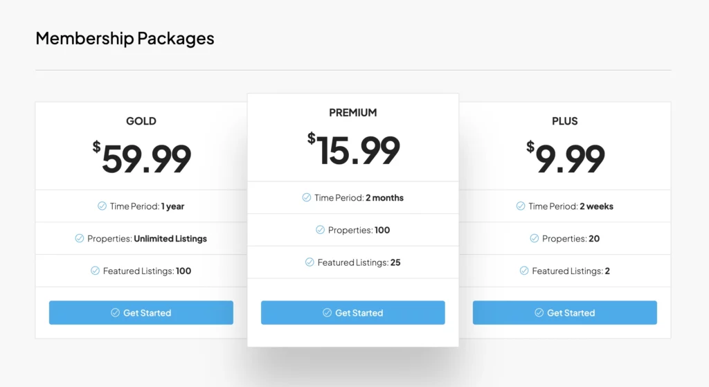 Houzez membership packages for Property Payment System