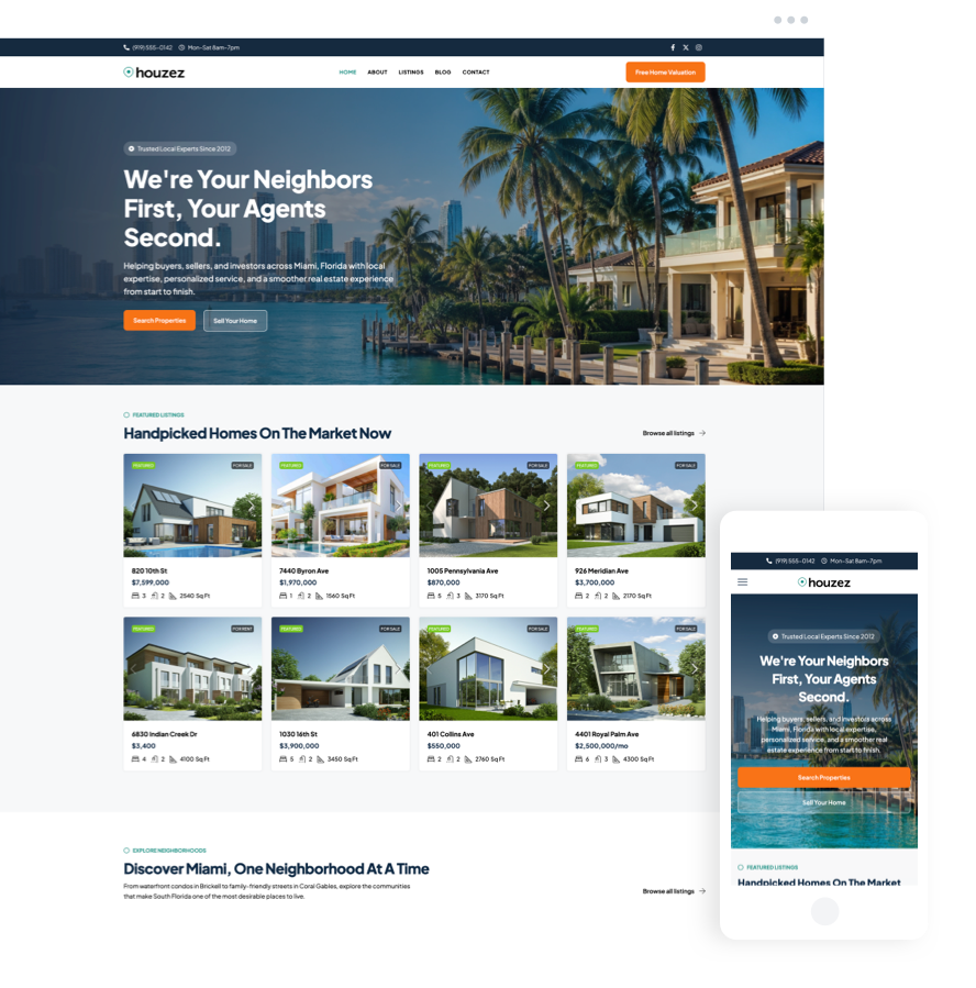 Houzez real estate website template displayed on desktop and mobile devices featuring Miami luxury properties and property listings