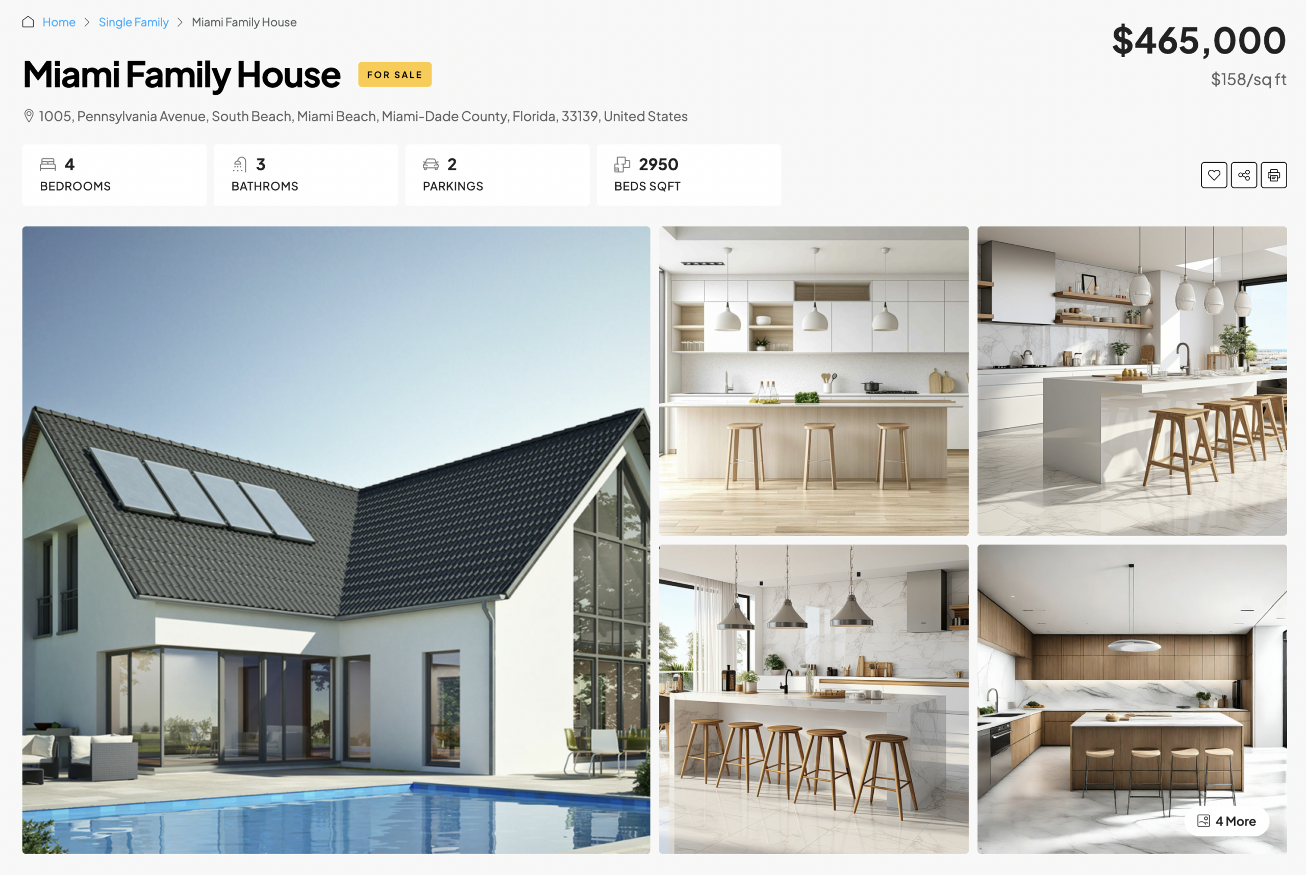 SEO-friendly real estate property detail page with headings, high-quality images, and descriptive listing content