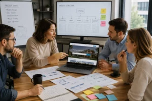 Real Estate Website Template planning session with an agency team reviewing wireframes, website structure, and project requirements.