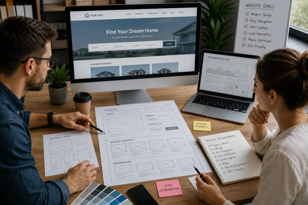 Website planning and wireframing process for a Real Estate Website Template project, including homepage layouts, property search features, and user experience design.
