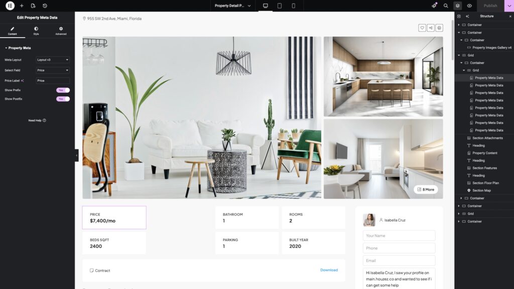 Property detail page designed with  Elementor for Real Estate Websites