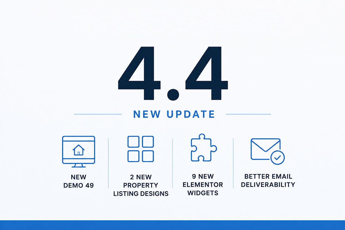 Houzez 4.4 update with new demo, property layouts, Elementor widgets and email improvements