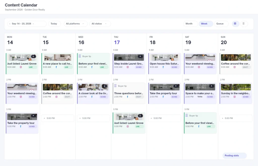 Velisto content calendar with a week of scheduled real estate posts