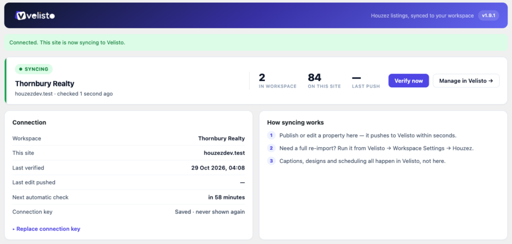 The Velisto plugin connected in a Houzez WordPress dashboard